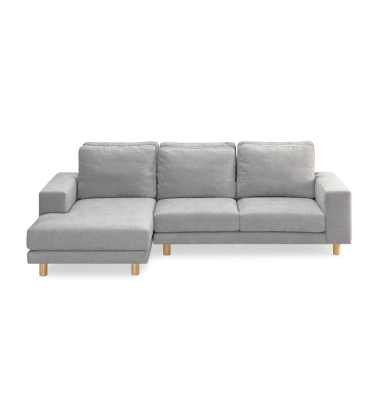 Sofá Dallas 2 lugares e chaise longue esquerda, estofado a tecido cinzento, encosto das almofadas rebatível, pés em freixo cor natural, 273 cm.