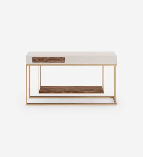 Console with 1 drawer and shelf in walnut, pearl lacquered structure and golden metal base.