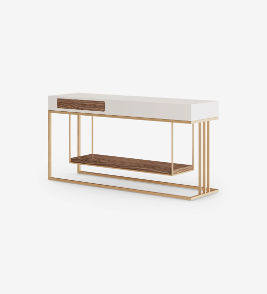 Console with 1 drawer and shelf in walnut, pearl lacquered structure and golden metal base.