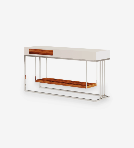 Console with 1 drawer and shelf in high gloss palissander, pearl lacquered structure and stainless steel foot.