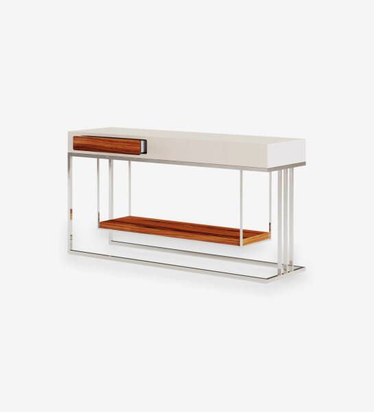 Console with 1 drawer and shelf in high gloss palissander, pearl lacquered structure and stainless steel foot.