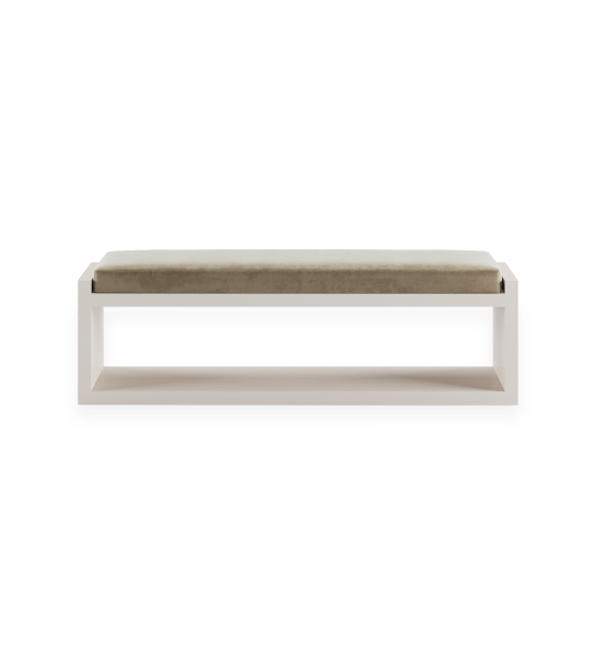 Banquette avec assise rembourrée en tissu et structure laquée perle
