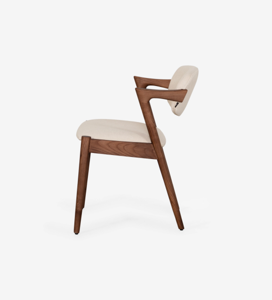 Chair in walnut-colored ash wood, with seat and back upholstered in fabric.