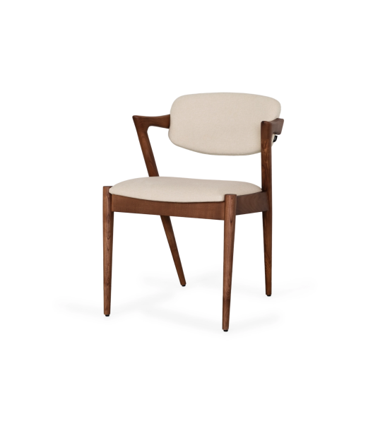 Chair in walnut-colored ash wood, with seat and back upholstered in fabric.