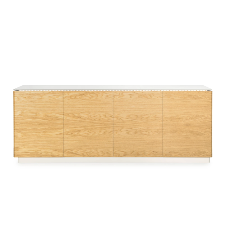 Buffet à 4 portes en chêne naturel, avec tiroir à couverts, plateau en verre et structure laquée perle.