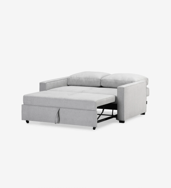 Sofá cama Lagos 2 plazas tapizado en tela gris claro, cojines respaldo desenfundables, 158 cm.