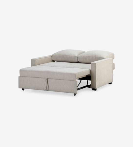 Sofá cama Lagos 2 plazas tapizado en tela beige, cojines respaldo desenfundables, 158 cm.