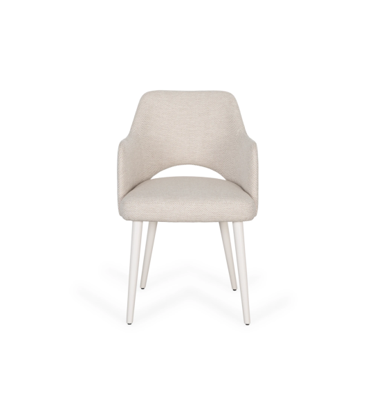 Chair with armrests upholstered in beige fabric and pearl lacquered foot.