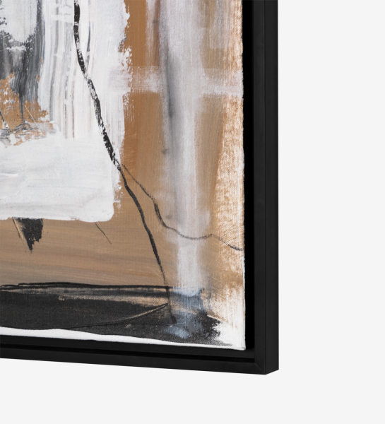 Abstract painting in beige and black tones, black wooden frame, 64 x 84 cm.