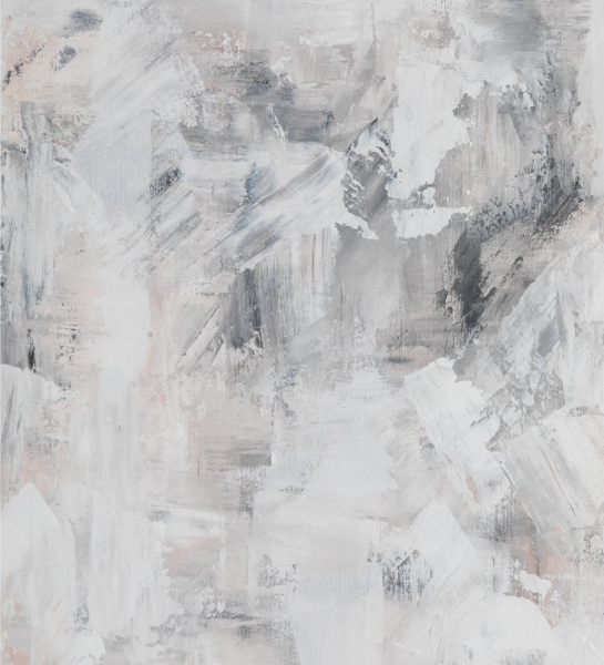 Quadro de pintura abstrata em tons neutros, moldura de cor branca em madeira, 64 x 84 cm.