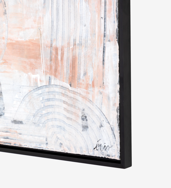 Quadro de pintura abstrata em tons neutros, moldura de cor negra em madeira, 64 x 84 cm.