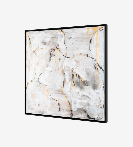 Abstract painting in gray and gold tones, black wooden frame, 104 x 104 cm.