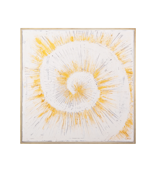Quadro de pintura abstrata com relevo em tons neutros, moldura de cor branca em madeira, 104 x 104 cm.