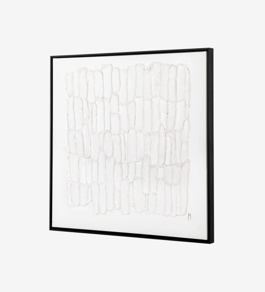 Cuadro abstracto y relieve en tonos blancos, marco de madera negro, 104 x 104 cm.