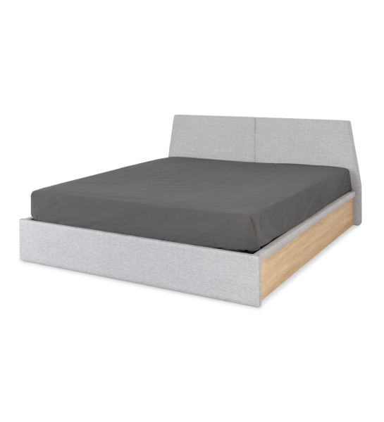 Oslo double bed with headboard and footboard upholstered in light gray fabric, sides in natural oak, storage via a lifting platform.