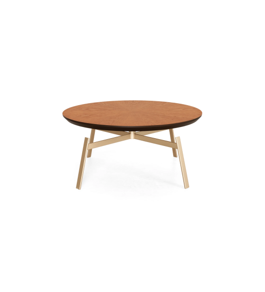Mesa de centro Tokyo redonda, tampo folha natural cor mel e pé metálico lacado a dourado, Ø 80 cm.