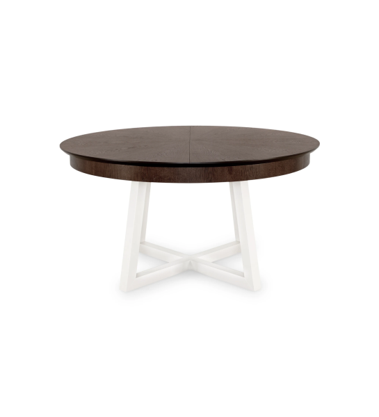Round extendable dining table with walnut oak top and pearl lacquered legs.