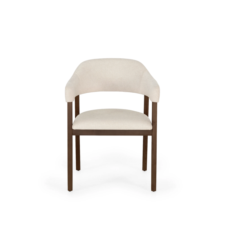 Chair with arms, in walnut-colored ash wood, with seat and back upholstered in fabric