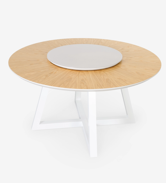 Table de repas ronde Nice Ø 150 cm, plateau bas en chêne naturel, plateau tournant en verre et pieds laqués nacrés.