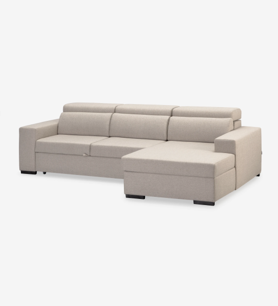 Sofá cama 2 plazas y chaise longue Évora, tapizado en tela beige, reposacabezas reclinables, asientos extensibles y almacenaje en la chaise longue, 272 cm.