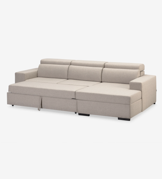 Sofá cama 2 plazas y chaise longue Évora, tapizado en tela beige, reposacabezas reclinables, asientos extensibles y almacenaje en la chaise longue, 272 cm.