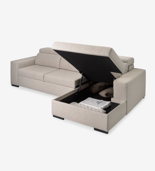 Sofá cama 2 plazas y chaise longue Évora, tapizado en tela beige, reposacabezas reclinables, asientos extensibles y almacenaje en la chaise longue, 272 cm.