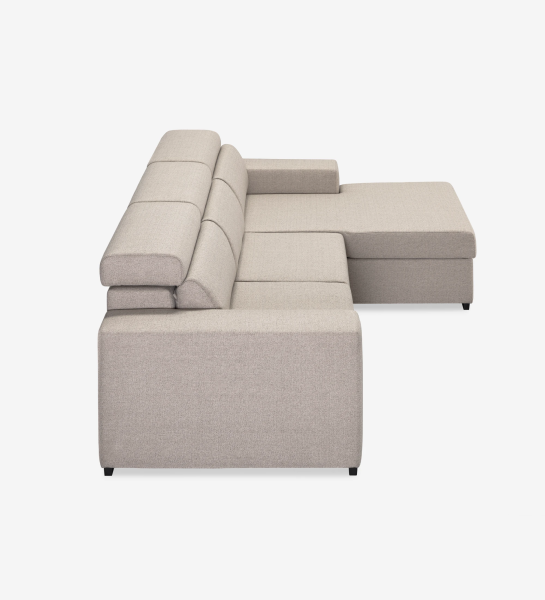 Sofá cama 2 plazas y chaise longue Évora, tapizado en tela beige, reposacabezas reclinables, asientos extensibles y almacenaje en la chaise longue, 272 cm.