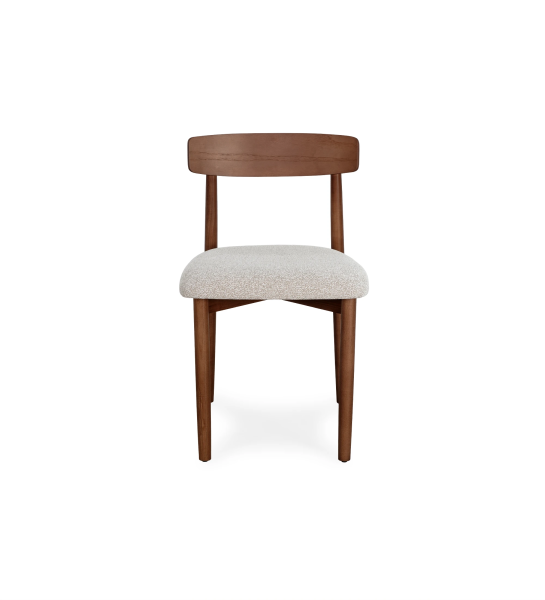 Walnut colored wood chair with fabric upholstered seat