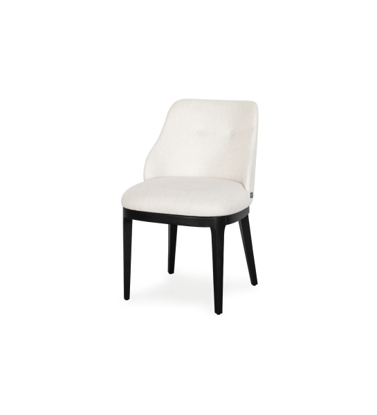 Chair upholstered in fabric, with black lacquered wooden feet.