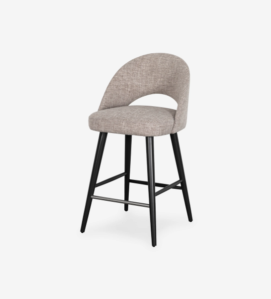 Stool with fabric upholstered, with black lacquered feet and stainless steel footrest.