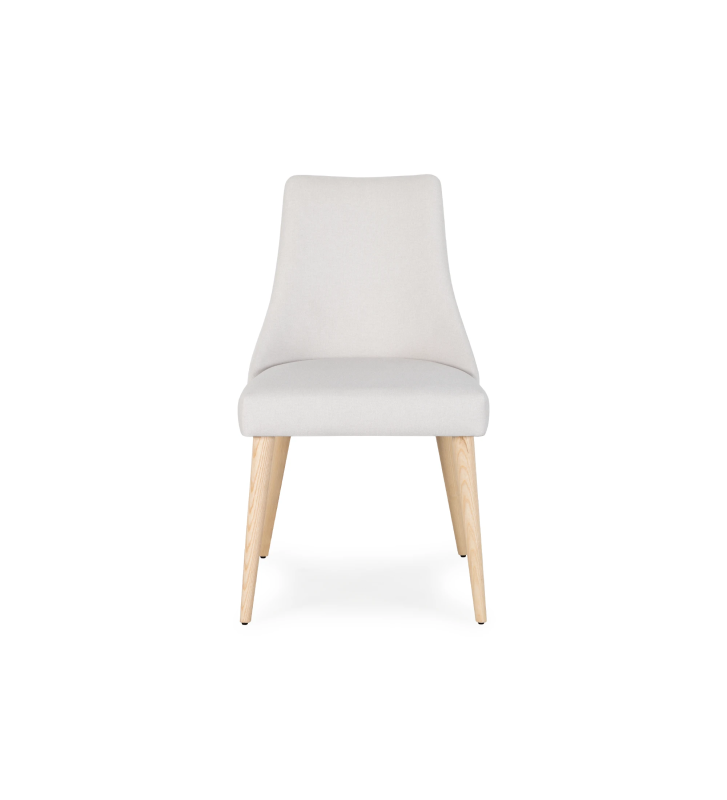Oslo chair upholstered in white fabric and natural colored wooden legs.