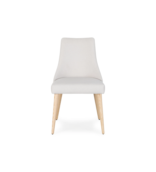 Oslo chair upholstered in white fabric and natural colored wooden legs.