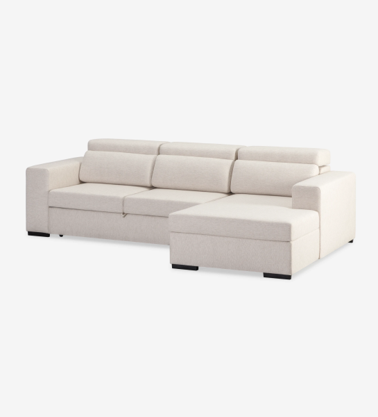 Sofá cama 2 plazas y chaise longue Évora, tapizado en tela beige, reposacabezas reclinables, almacenaje en la chaise longue, 292 cm.