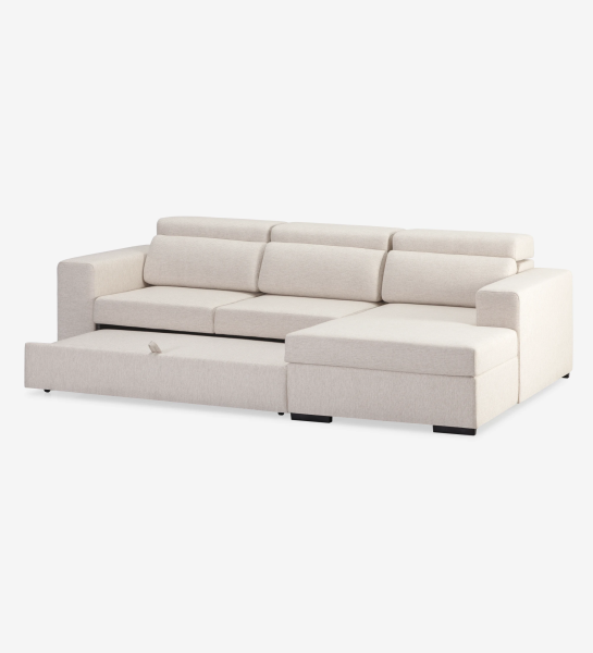 Sofá cama 2 plazas y chaise longue Évora, tapizado en tela beige, reposacabezas reclinables, almacenaje en la chaise longue, 292 cm.