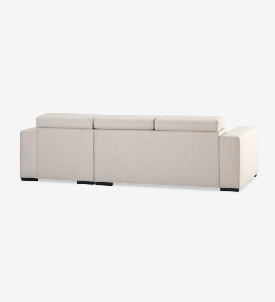 Sofá cama 2 plazas y chaise longue Évora, tapizado en tela beige, reposacabezas reclinables, almacenaje en la chaise longue, 292 cm.