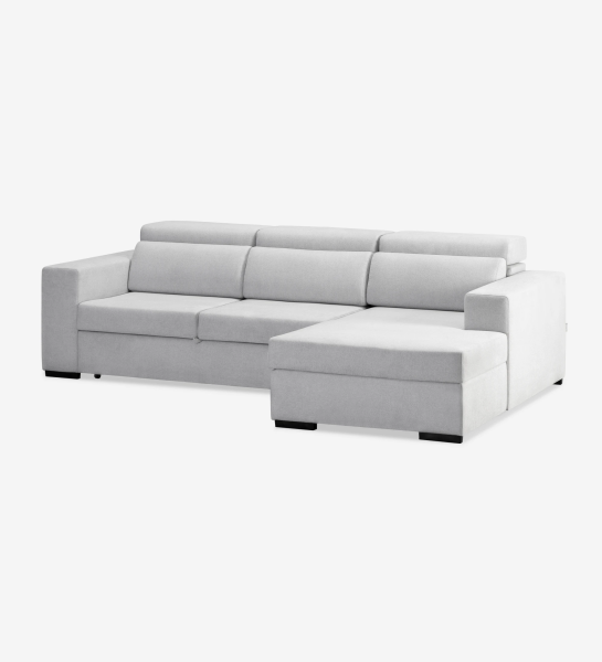 Sofá cama 2 plazas y chaise longue Évora, tapizado en tela gris, reposacabezas reclinables, almacenaje en la chaise longue, 292 cm.