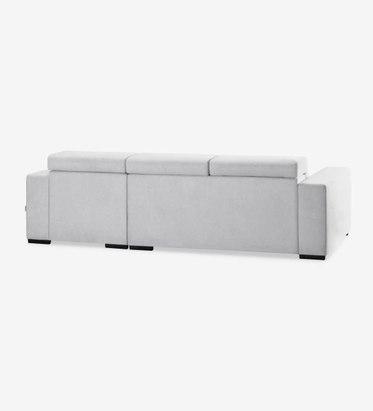 Sofá cama 2 plazas y chaise longue Évora, tapizado en tela gris, reposacabezas reclinables, almacenaje en la chaise longue, 292 cm.