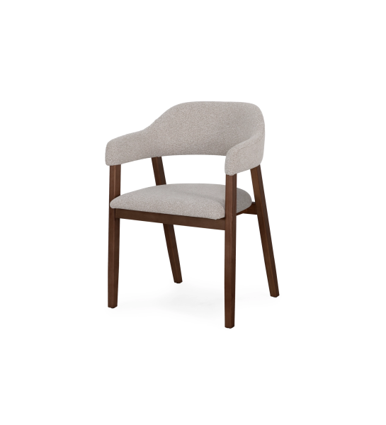 Chair with arms, in walnut-colored ash wood, with seat and back upholstered in toffee fabric