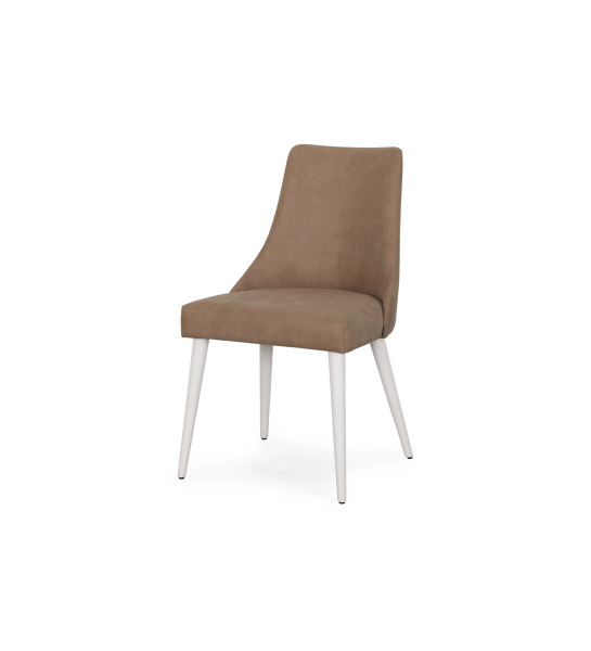 Oslo chair upholstered in camel fabric, pearl lacquered feet.