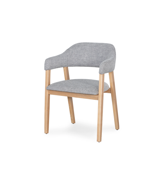 Chair with armrests, in natural ash wood, with seat and back upholstered in gray fabric.