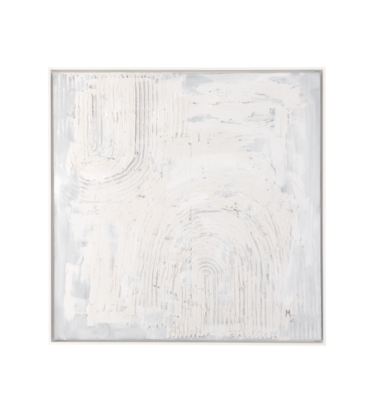 Quadro abstrato pintado à mão com moldura branca.