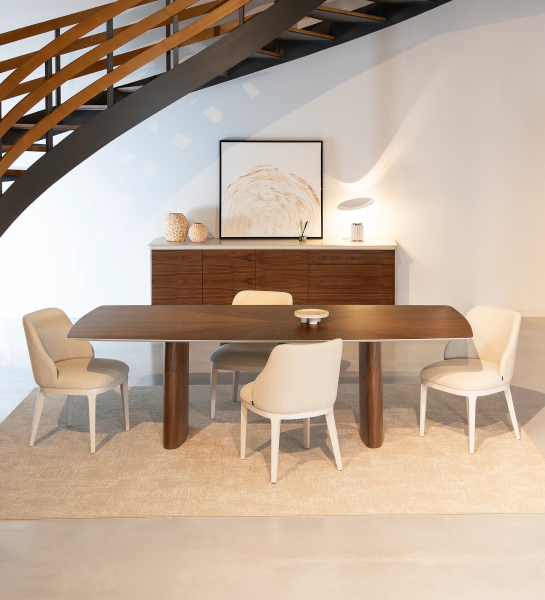 Mesa de jantar Paris retangular 180 x 100 cm, em nogueira natural com pormenor do tampo em pérola.