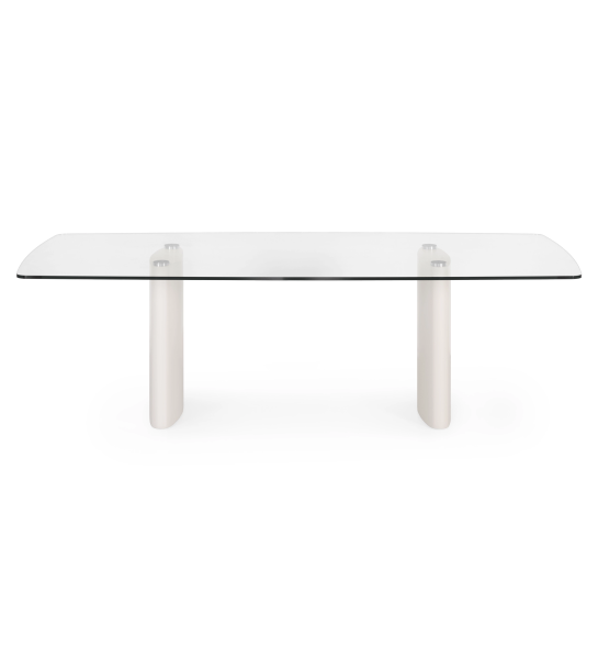 Mesa de jantar Paris retangular 180 x 100 cm, tampo de vidro, pés em lacado pérola.
