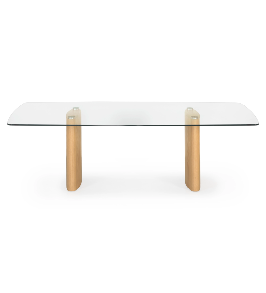 Mesa de jantar Paris retangular 180 x 100 cm, tampo de vidro, pés em carvalho natural.
