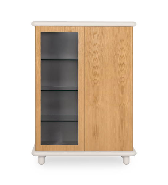 Showcase with lighting and sensor, 2 doors in natural oak, pearl structure.