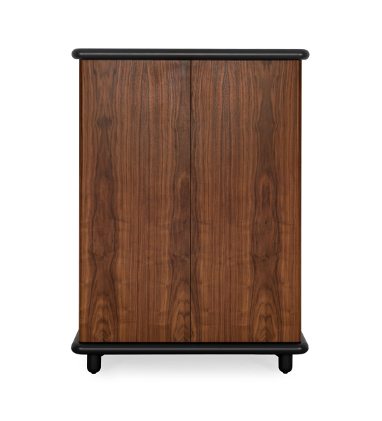 Cupboard with 2 doors in natural walnut, black structure.