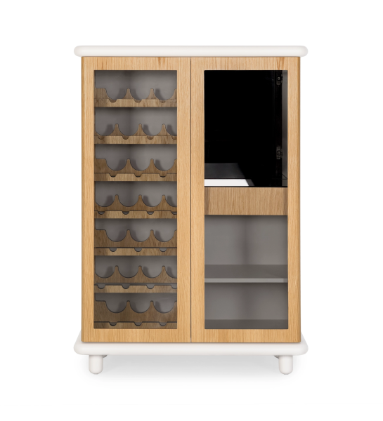 Wine cellar cabinet with lighting and sensor in natural oak, pearl structure.