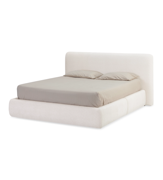 Cama de casal com cabeceira curta, estofada a tecido pérola, com arrumação através de estrado elevatório.