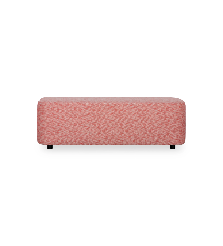 Red fabric upholstered stool, black feet.