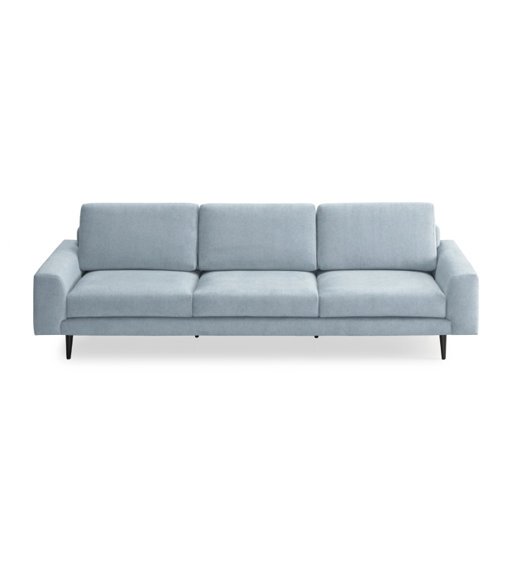 Sofá Oslo 3 lugares estofado a tecido azul, pés lacados a castanho escuro, 265 cm.